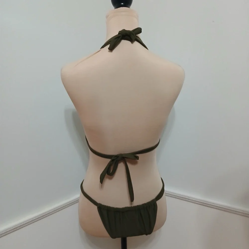 Womens‎ Olive Green Triangle Halter Bikini Set Size Large Ruched Bottoms NWOT